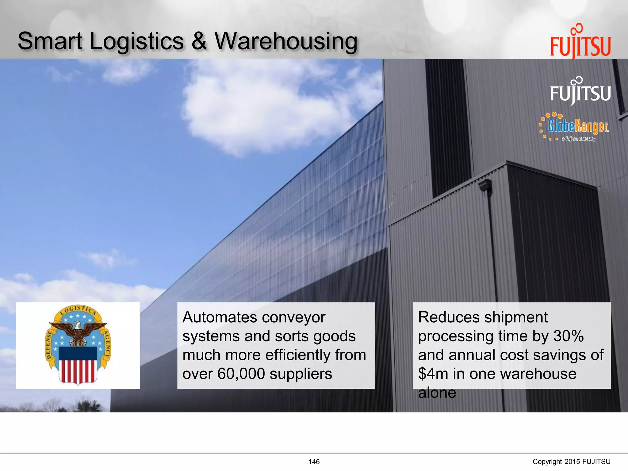 146 Copyright 2015 FUJITSU
Smart Logistics & Warehousing
Automates conveyor
systems and sorts goods
much more efficiently from
over 60,000 suppliers
Reduces shipment
processing time by 30%
and annual cost savings of
$4m in one warehouse
alone
 