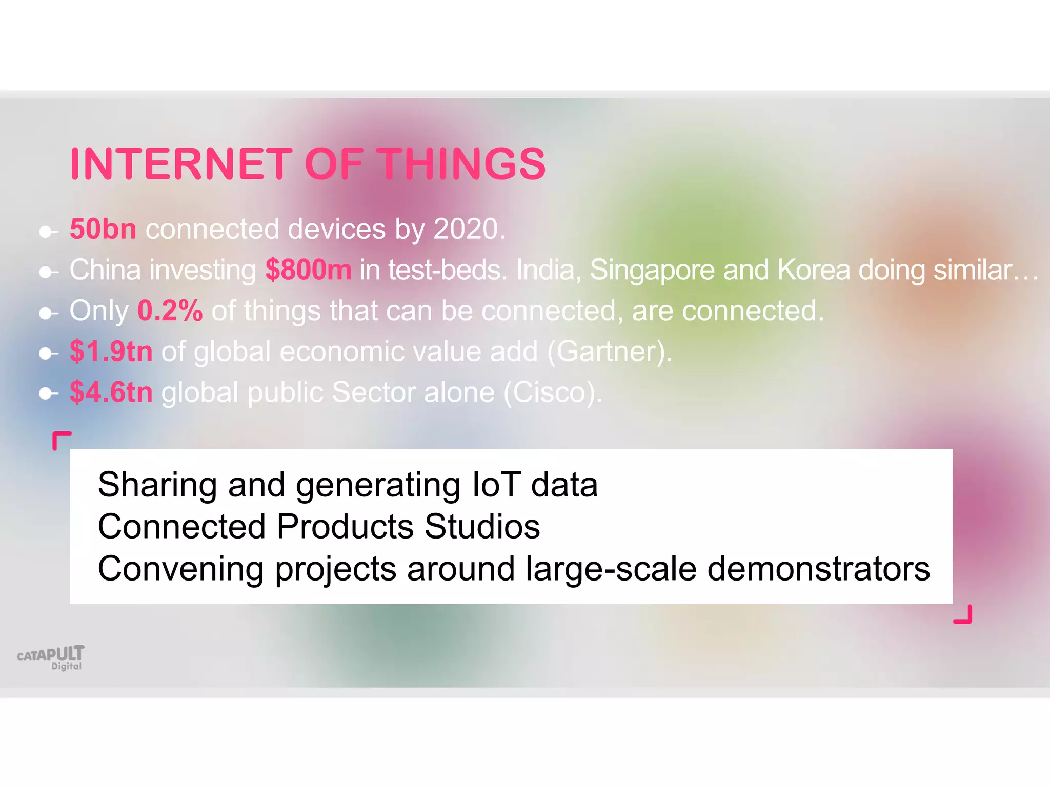 50bn connected devices by 2020.
China investing $800m in test-beds. India, Singapore and Korea doing similar…
Only 0.2% of things that can be connected, are connected.
$1.9tn of global economic value add (Gartner).
$4.6tn global public Sector alone (Cisco).
INTERNET OF THINGS
Sharing and generating IoT data
Connected Products Studios
Convening projects around large-scale demonstrators
 