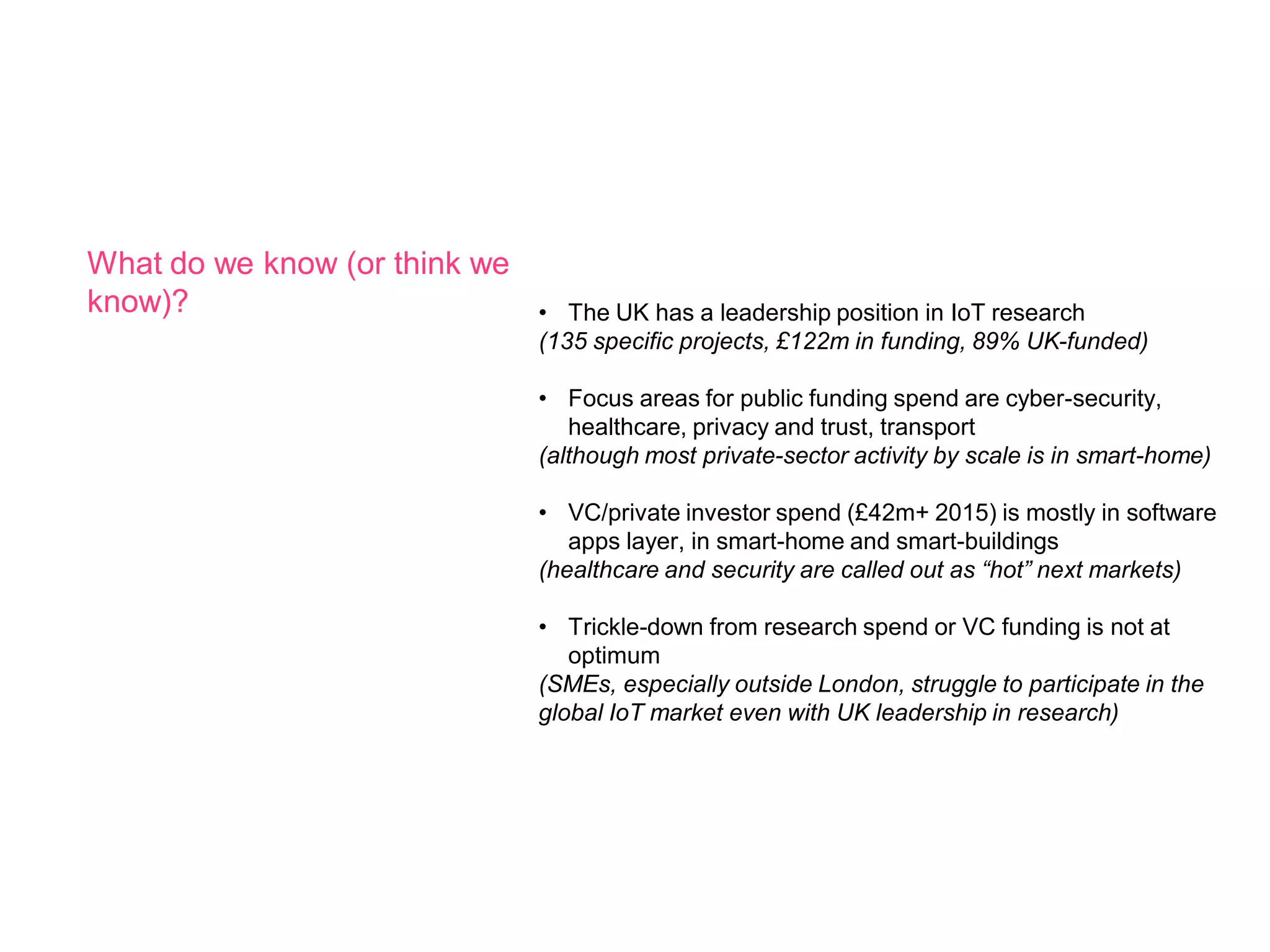 What do we know (or think we
know)? • The UK has a leadership position in IoT research
(135 specific projects, £122m in funding, 89% UK-funded)
• Focus areas for public funding spend are cyber-security,
healthcare, privacy and trust, transport
(although most private-sector activity by scale is in smart-home)
• VC/private investor spend (£42m+ 2015) is mostly in software
apps layer, in smart-home and smart-buildings
(healthcare and security are called out as “hot” next markets)
• Trickle-down from research spend or VC funding is not at
optimum
(SMEs, especially outside London, struggle to participate in the
global IoT market even with UK leadership in research)
 