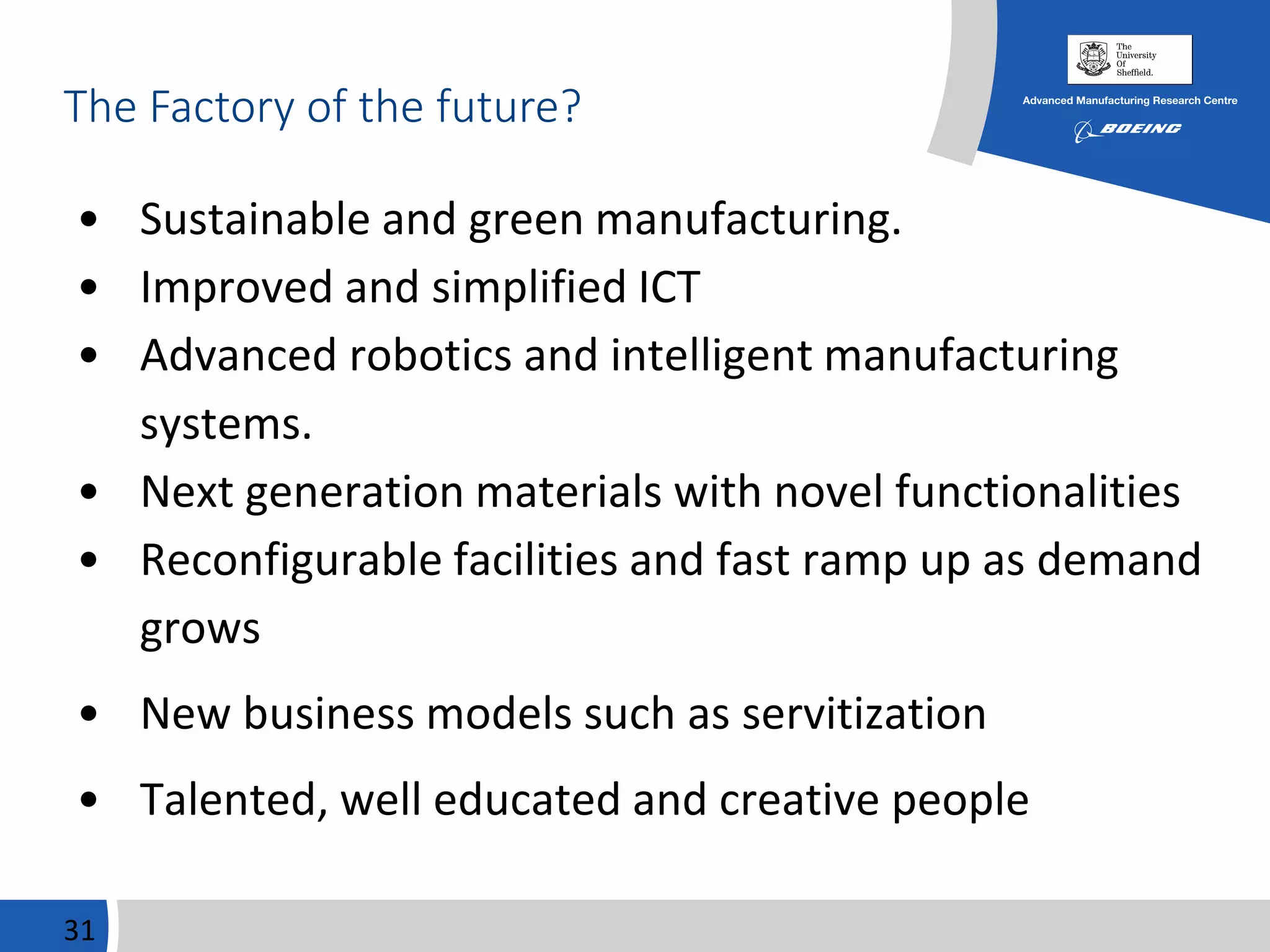 The Factory of the future?
31
• Sustainable and green manufacturing.
• Improved and simplified ICT
• Advanced robotics and intelligent manufacturing
systems.
• Next generation materials with novel functionalities
• Reconfigurable facilities and fast ramp up as demand
grows
• New business models such as servitization
• Talented, well educated and creative people
 