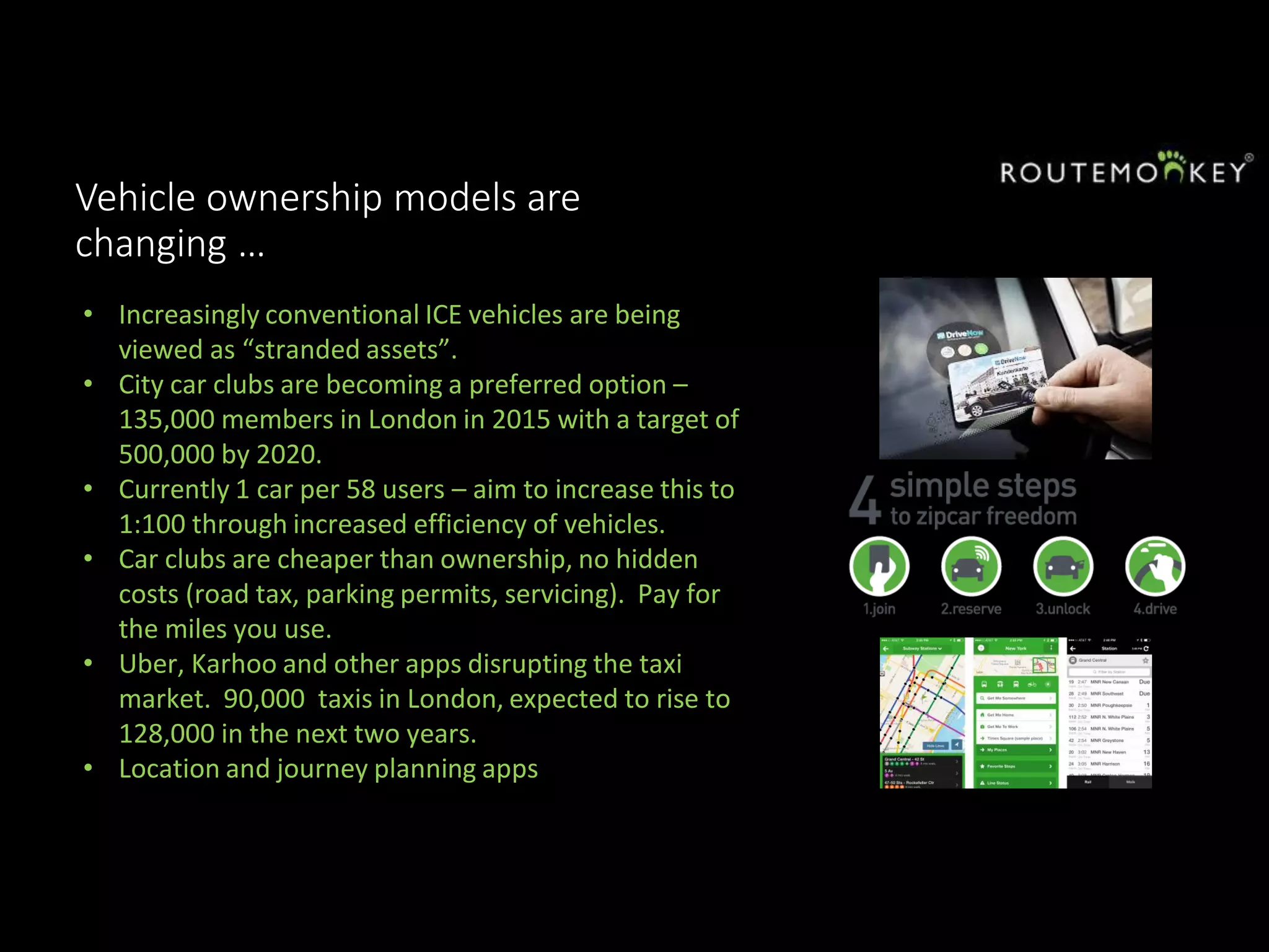 Vehicle ownership models are
changing …
• Increasingly conventional ICE vehicles are being
viewed as “stranded assets”.
• City car clubs are becoming a preferred option –
135,000 members in London in 2015 with a target of
500,000 by 2020.
• Currently 1 car per 58 users – aim to increase this to
1:100 through increased efficiency of vehicles.
• Car clubs are cheaper than ownership, no hidden
costs (road tax, parking permits, servicing). Pay for
the miles you use.
• Uber, Karhoo and other apps disrupting the taxi
market. 90,000 taxis in London, expected to rise to
128,000 in the next two years.
• Location and journey planning apps
 
