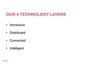 OUR 4 TECHNOLOGY LAYERS
• Immersive
• Distributed
• Connected
• Intelligent
 