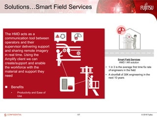 137 © 2016 FujitsuCONFIDENTIAL
Driver Safety
Driver Drowsiness Detector
Worker Safety
Vital Sensing Unit
Smart Field Services
HMD / AR solution
• 20% of accidents are sleep related
• 500 deaths p/a are caused by sleep
and 40% relate to commercial
vehicles.
• 5050% of fatal injuries to workers
were falls from height, being struck
by a vehicle or object
• An estimated 2.1 million working days
were lost due to injuries related to
handling/slips & trips
• 1 in 3 is the average first time fix rate
of engineers in the field
• A shortfall of 30K engineering in the
next 10 years
Solutions…Smart Field Services
The HMD acts as a
communication tool between
operators and their
supervisor delivering support
and sharing remote imagery
in real time. Using the
Amplify client we can
create/support and enable
the workforce with the
material and support they
need
 Benefits
• Productivity and Ease of
Use
• Reliability and Robustness
• „„Flexibly configurable remote
communication tool
 