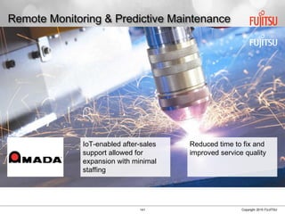 141 Copyright 2015 FUJITSU
Remote Monitoring & Predictive Maintenance
IoT-enabled after-sales
support allowed for
expansion with minimal
staffing
Reduced time to fix and
improved service quality
 