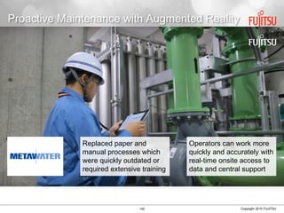 142 Copyright 2015 FUJITSU
Proactive Maintenance with Augmented Reality
Replaced paper and
manual processes which
were quickly outdated or
required extensive training
Operators can work more
quickly and accurately with
real-time onsite access to
data and central support
 