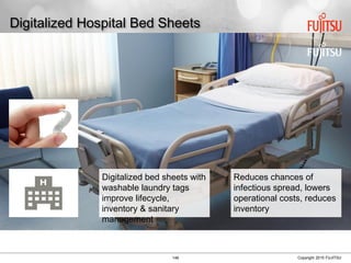 148 Copyright 2015 FUJITSU
Digitalized Hospital Bed Sheets
Digitalized bed sheets with
washable laundry tags
improve lifecycle,
inventory & sanitary
management
Reduces chances of
infectious spread, lowers
operational costs, reduces
inventory
 