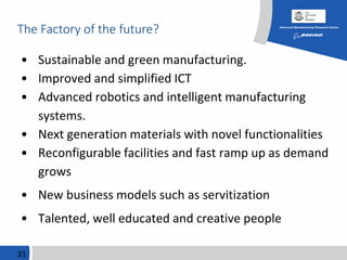 The Factory of the future?
31
• Sustainable and green manufacturing.
• Improved and simplified ICT
• Advanced robotics and intelligent manufacturing
systems.
• Next generation materials with novel functionalities
• Reconfigurable facilities and fast ramp up as demand
grows
• New business models such as servitization
• Talented, well educated and creative people
 
