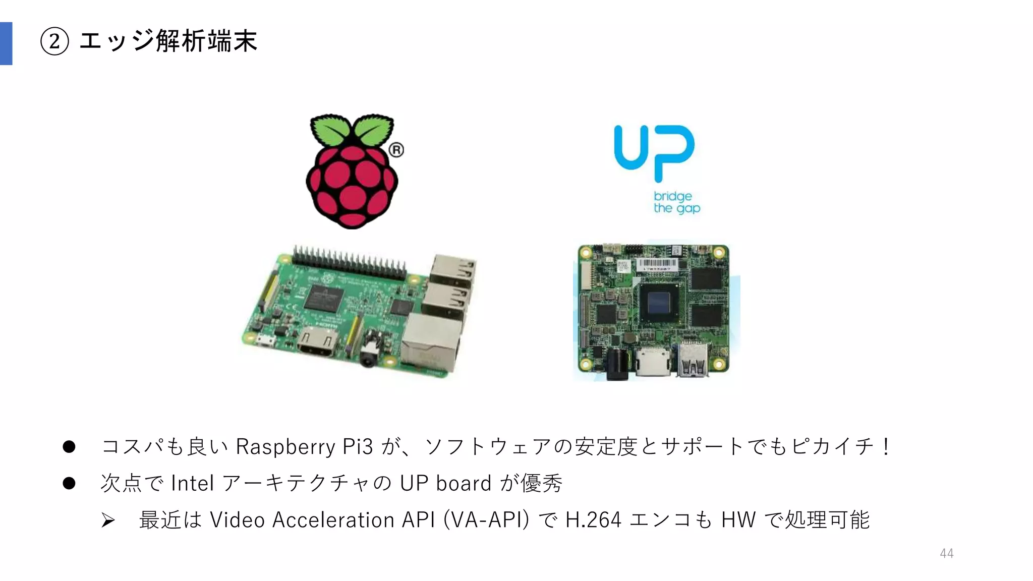 44
③ ネットワーク ｜ 不安定な環境を耐え抜く
 最初の数ヶ月は、ネットワークのトラブル続出、ひたすらに、辛い…
✓ 日によって、つながりません ⇨ ユーザ提供のルータで DHCP アドレスレンジ不足
✓ 通信が遅すぎます ⇨ 2.4GHz帯のWifi混雑による干渉
✓ 端末が死んだみたいです ⇨ 動画アップロード中、死活データのアップ後回し
✓ 再起動したら、つながりません ⇨ フリー Wifi でログイン要求
✓ 昼間はアップロードされません ⇨ 商業モールでのアップストリーム帯域不足
 途中から、電源の不安定さも露呈
 突然のフリーズ ⇨ 瞬間的な電圧低下、電源ノイズによる誤動作
 メモリ・コラプション ⇨ ラズパイのメモリは、ECC 付きではありません
 