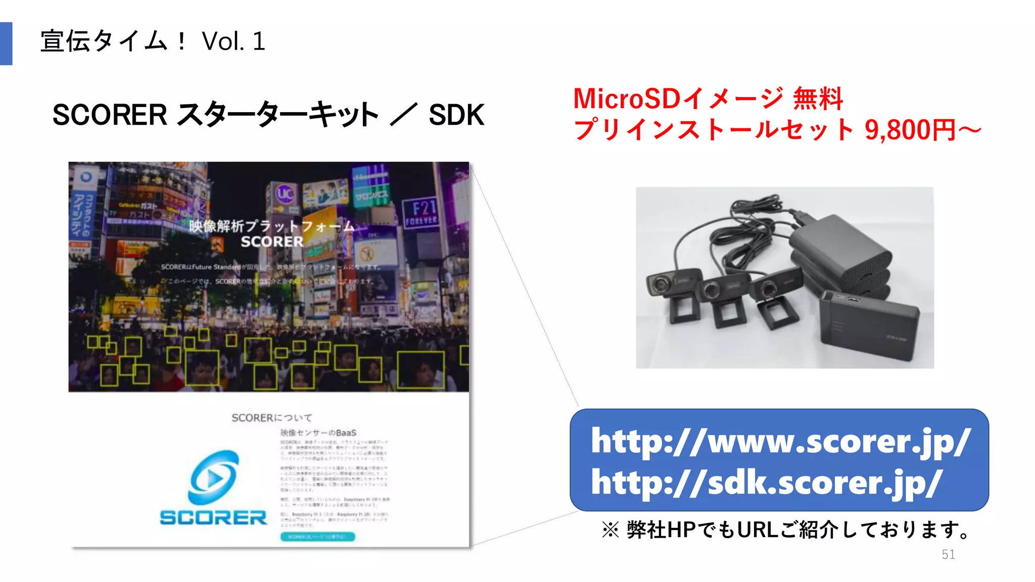 51
長期保管オプションを開始！
宣伝タイム！ Vol. 3
A社 B社
価格
７日 / 台 無料 1,200円 最大 5,200円
1ヶ月 / 台 500円 2,000円 最大 16,980円
対応画質 HD / VGA / QVGA HD VGA
アップロード帯域制限 無制限 500kbps〜1Mbps －
リアルタイム表示 対応予定 ⚪ ⚪
SIMオプション ⚪ ⚪ なし
他の保存期間プラン 3ヶ月 / 半年 / 1年 14日 / 60日 / 9０日 3日 / 15日
業界最安級！
（弊社調べ）
【スターター／SDK】
 