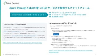 © SENSYN ROBOTICS, Inc. 17
Azure Percept Studioを使ってできることは？
Azure Percept
● Azureサービス上でAIモデル⽣成
● エッジデバイスに適⽤するAIモデルの切り替え
● 推論結果の受信
https://azure.microsoft.com/ja-jp/services/azure-percept/
https://docs.microsoft.com/ja-jp/azure/azure-percept/overview-
azure-percept
Azure PerceptとはAIを使ったIoTサービスを提供するプラットフォーム
 