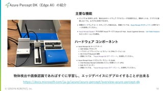 © SENSYN ROBOTICS, Inc. 18
Azure Percept DK（Edge AI）の紹介
物体検出や画像認識であればすぐに学習し、エッジデバイスにデプロイすることが出来る
https://docs.microsoft.com/ja-jp/azure/azure-percept/overview-azure-percept-dk
 