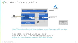 © SENSYN ROBOTICS, Inc. 26
あとは⾃前のアプリケーションとの繋ぎこみ
計器読み取り
プログラム
なぜか8554ポートから引っ張って来れなかったので
今回はHTMLからスクレイピングして動画部分を引っ張り出す
https://qiita.com/SugaiShun/items/5c2e8354e3614030efa7
https://docs.microsoft.com/ja-jp/azure/azure-percept/azureeyemodule-overview
 