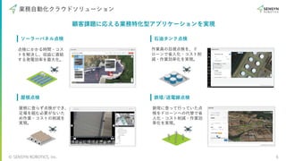 © SENSYN ROBOTICS, Inc. 6
業務⾃動化クラウドソリューション
顧客課題に応える業務特化型アプリケーションを実現
ソーラーパネル点検
鉄塔/送電線点検
屋根点検
⽯油タンク点検
点検にかかる時間・コス
トを解決し、収益に直結
する発電効率を最⼤化。
作業員の⽬視点検を、ド
ローンで省⼈化・コスト削
減・作業効率化を実現。
屋根に登らず点検ができ、
⾜場を組む必要がないた
め作業・コストの削減を
実現。
鉄塔に登って⾏っていた点
検をドローンへの代替で省
⼈化・コスト削減・作業効
率化を実現。
 
