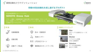 © SENSYN ROBOTICS, Inc. 8
業務⾃動化クラウドソリューション
究極の完全⾃動化を成し遂げるプロダクト
SENSYN Drone Hub
完全⾃動運⽤型ドローンシステム
ドローン機体、⾃動離発着や⾃動充電に対応する基地（ドローンポート）、
加えて制御ソフトウェア・業務アプリケーションが⼀体となった、業務の⾃動化
を推進するシステムです。
⾃動充電
⾃動データ転送
防⽔・防塵設計
気象センサー
複数拠点のネットワーク化
LTE対応ドローン
Pilot
3Dマップで⾃動⾶⾏ルートを
作成
Monitor
リアルタイム映像
共有と遠隔操作
Datastore
データを地図情報と
紐付けて管理
特 徴 機 能 ⾃動化ソフトウェア
⾃動離着陸
 