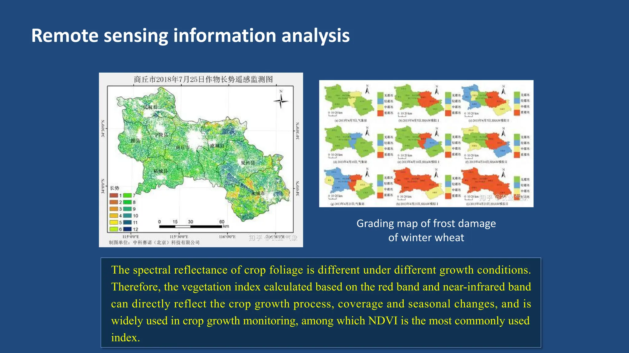 Remote sensing information analysis
The spectral reflectance of crop foliage is different under different growth conditions.
Therefore, the vegetation index calculated based on the red band and near-infrared band
can directly reflect the crop growth process, coverage and seasonal changes, and is
widely used in crop growth monitoring, among which NDVI is the most commonly used
index.
Grading map of frost damage
of winter wheat
 