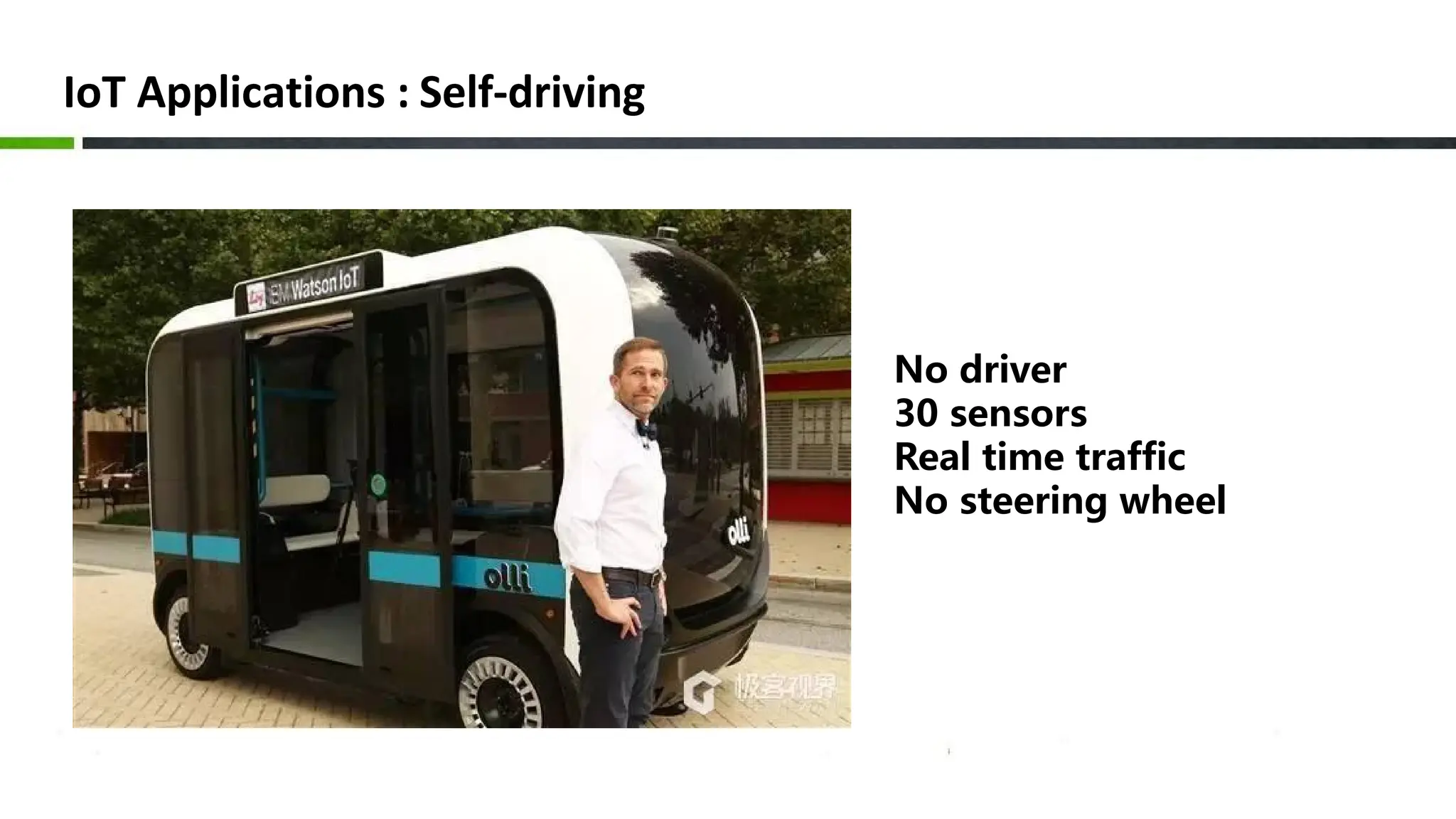 IoT Applications : Self-driving
No driver
30 sensors
Real time traffic
No steering wheel
 
