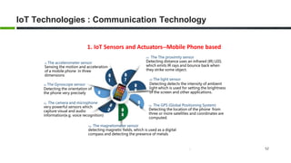 52
IoT Technologies : Communication Technology
1. IoT Sensors and Actuators--Mobile Phone based
0
6
0
1
0
5
01 The accelerometer sensor
Sensing the motion and acceleration
of a mobile phone in three
dimensions
02 The Gyroscope sensor
Detecting the orientation of
the phone very precisely 0
2
03 The camera and microphone
very powerful sensors which
capture visual and audio
information(e.g. voice recognition)
05 The GPS (Global Positioning System)
Detecting the location of the phone from
three or more satellites and coordinates are
computed.
0
4
04 The magnetometer sensor
detecting magnetic fields, which is used as a digital
compass and detecting the presence of metals
07 The The proximity sensor
Detecting distance uses an infrared (IR) LED,
which emits IR rays and bounce back when
they strike some object.
06 The light sensor
Detecting detects the intensity of ambient
light which is used for setting the brightness
of the screen and other applications.
0
7
 