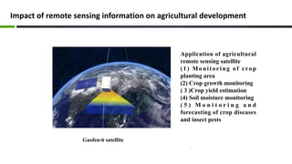 Impact of remote sensing information on agricultural development
Gaofen-6 satellite
Application of agricultural
remote sensing satellite
(1) Monitoring of crop
planting area
(2) Crop growth monitoring
( 3 )Crop yield estimation
(4) Soil moisture monitoring
( 5 ) M o n i t o r i n g a n d
forecasting of crop diseases
and insect pests
 