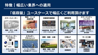 特徴｜幅広い業界への適用
「低容量」ユースケースで幅広くご利用頂けます
電気・ガス・水道
メーター
スマートメーター
アセットトラッキング
物流管理
物流・リース
資産管理
自動販売機・無人店舗
スマートロッカー
自動販売機関連
空調設備・エレベーター
オフィス稼働管理
駐車場管理
建物管理
街灯・水量監視
人流解析・パイプライン
都市開発
スマートシティ
インフラ
スマートホーム
IoT家電
コンシューマー
プロダクト
ソーラーパネル・
EV充電ステーション
エネルギー
マネジメント
農業・畜産・水産
ソリューション
農業・畜産・水産
設備監視
工場IoT
設備監視
在庫監視
サービス業
 