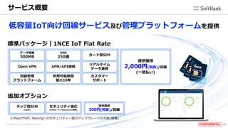 © SoftBank Corp. All Rights Reserved.
データ容量
500MB
SMS
250通 カード型SIM
Open VPN APN/API接続
リアルタイム
データ連携
回線管理
プラットフォーム
利用可能期間
最大10年
カスタマー
サポート
標準パッケージ┃1NCE IoT Flat Rate
チップ型SIM
(eSIM)
セキュリティ強化
(SIMカードへBlockchain搭載)
追加オプション
※IPsecやVPC Peeringへのセキュリティー面のアップグレードも可能(有償)
23
低容量IoT向け回線サービス及び管理プラットフォームを提供
サービス概要
提供価格
2,000円(税抜)/回線
(一括払い)
提供価格
300円(税抜)/回線
 