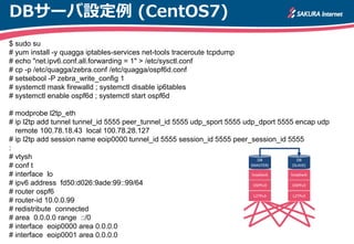 DBサーバ設定例 (CentOS7)
$ sudo su
# yum install -y quagga iptables-services net-tools traceroute tcpdump
# echo "net.ipv6.conf.all.forwarding = 1" > /etc/sysctl.conf
# cp -p /etc/quagga/zebra.conf /etc/quagga/ospf6d.conf
# setsebool -P zebra_write_config 1
# systemctl mask firewalld ; systemctl disable ip6tables
# systemctl enable ospf6d ; systemctl start ospf6d
# modprobe l2tp_eth
# ip l2tp add tunnel tunnel_id 5555 peer_tunnel_id 5555 udp_sport 5555 udp_dport 5555 encap udp
remote 100.78.18.43 local 100.78.28.127
# ip l2tp add session name eoip0000 tunnel_id 5555 session_id 5555 peer_session_id 5555
:
# vtysh
# conf t
# interface lo
# ipv6 address fd50:d026:9ade:99::99/64
# router ospf6
# router-id 10.0.0.99
# redistribute connected
# area 0.0.0.0 range ::/0
# interface eoip0000 area 0.0.0.0
# interface eoip0001 area 0.0.0.0
 