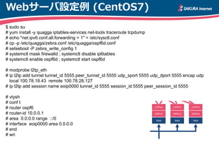 Webサーバ設定例 (CentOS7)
$ sudo su
# yum install -y quagga iptables-services net-tools traceroute tcpdump
# echo "net.ipv6.conf.all.forwarding = 1" > /etc/sysctl.conf
# cp -p /etc/quagga/zebra.conf /etc/quagga/ospf6d.conf
# setsebool -P zebra_write_config 1
# systemctl mask firewalld ; systemctl disable ip6tables
# systemctl enable ospf6d ; systemctl start ospf6d
# modprobe l2tp_eth
# ip l2tp add tunnel tunnel_id 5555 peer_tunnel_id 5555 udp_sport 5555 udp_dport 5555 encap udp
local 100.78.18.43 remote 100.78.28.127
# ip l2tp add session name eoip0000 tunnel_id 5555 session_id 5555 peer_session_id 5555
# vtysh
# conf t
# router ospf6
# router-id 10.0.0.1
# area 0.0.0.0 range ::/0
# interface eoip0000 area 0.0.0.0
# end
# wri
 