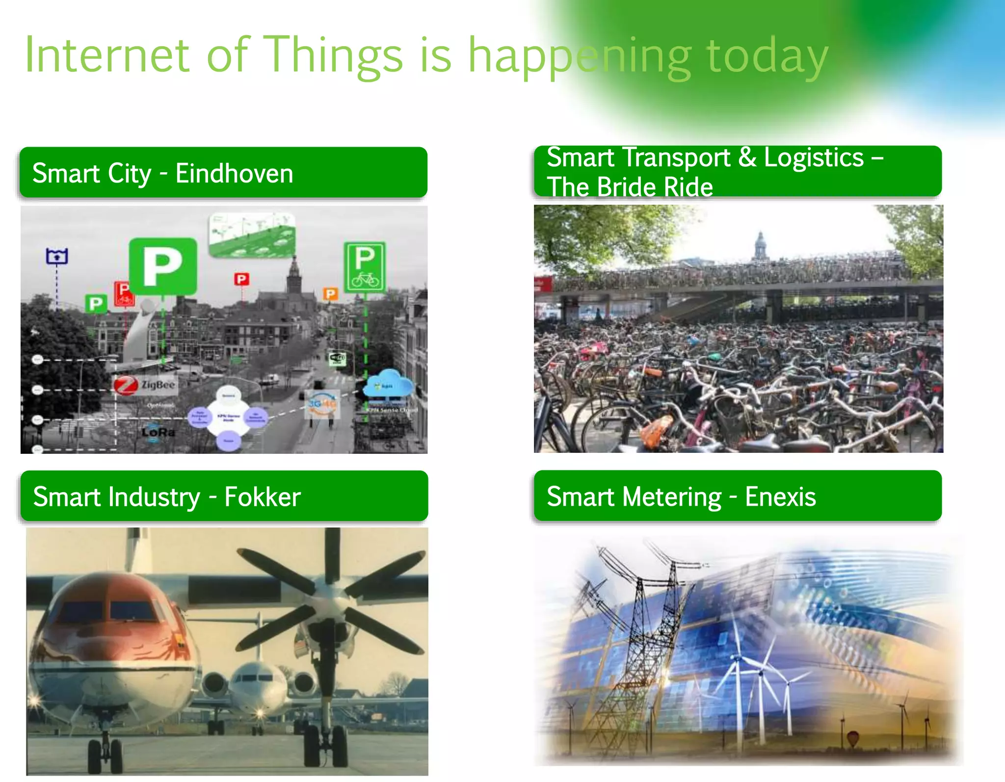 Internet of Things is happening today
Smart City - Eindhoven
3
Smart Transport & Logistics –
The Bride Ride
Smart Industry - Fokker Smart Metering - Enexis
 