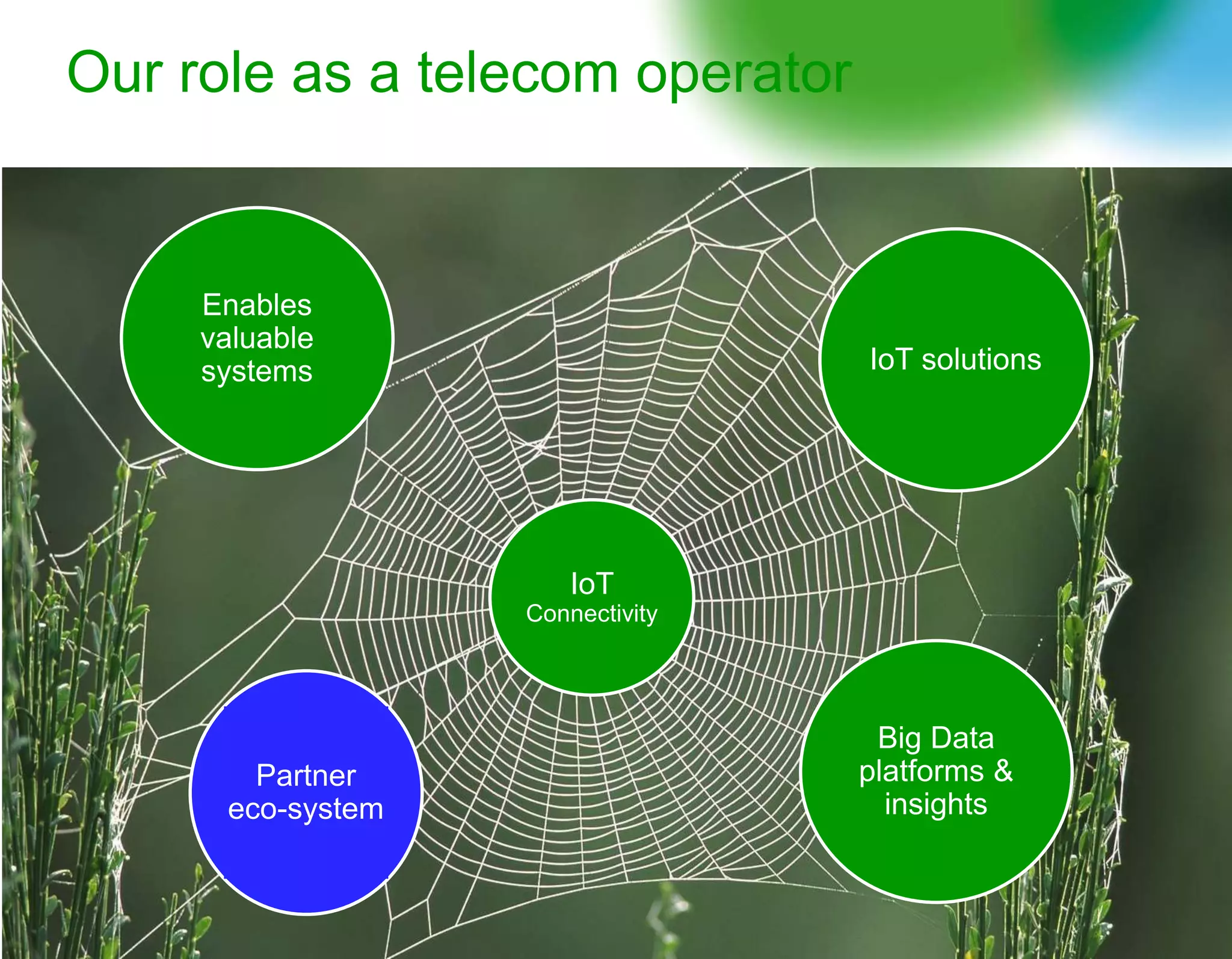 4
Our role as a telecom operator
Enables
valuable
systems
IoT
Connectivity
IoT solutions
Big Data
platforms &
insights
Partner
eco-system
 