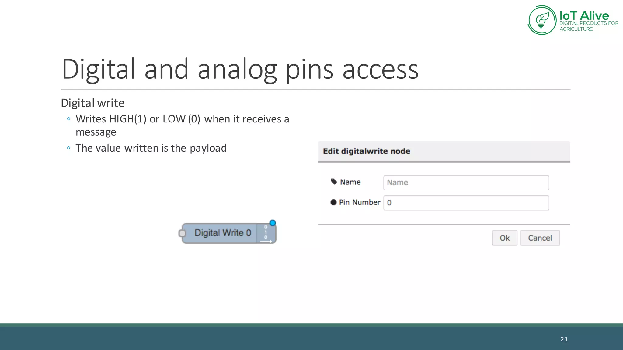 Digital	and	analog	pins	access
Digital	write
◦ Writes	HIGH(1)	or	LOW	(0)	when	it	receives	a	
message
◦ The	value	written	is	the	payload
21
 