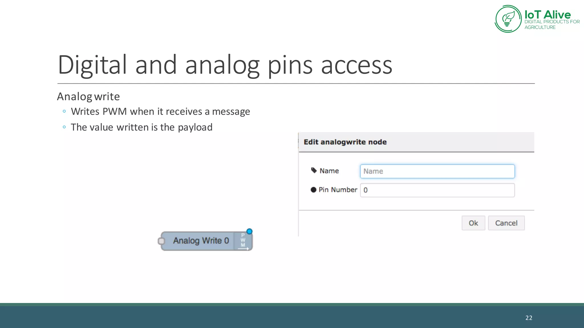 Digital	and	analog	pins	access
Analog	write
◦ Writes	PWM	when	it	receives	a	message
◦ The	value	written	is	the	payload
22
 
