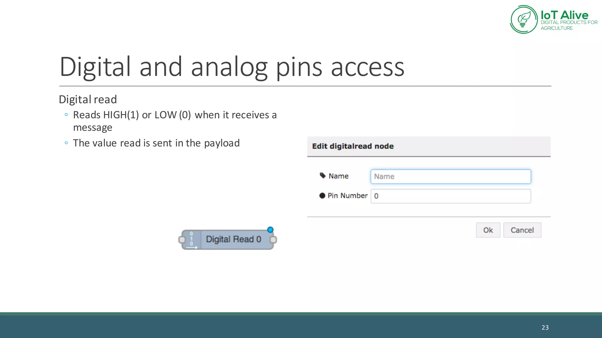 Digital	and	analog	pins	access
Digital	read
◦ Reads	HIGH(1)	or	LOW	(0)	when	it	receives	a	
message
◦ The	value	read	is	sent	in	the	payload
23
 