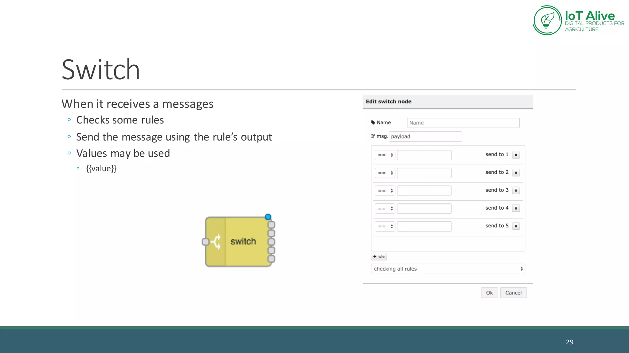 Switch
When	it	receives	a	messages
◦ Checks	some	rules
◦ Send	the	message	using	the	rule’s	output
◦ Values	may	be	used
◦ {{value}}
29
 