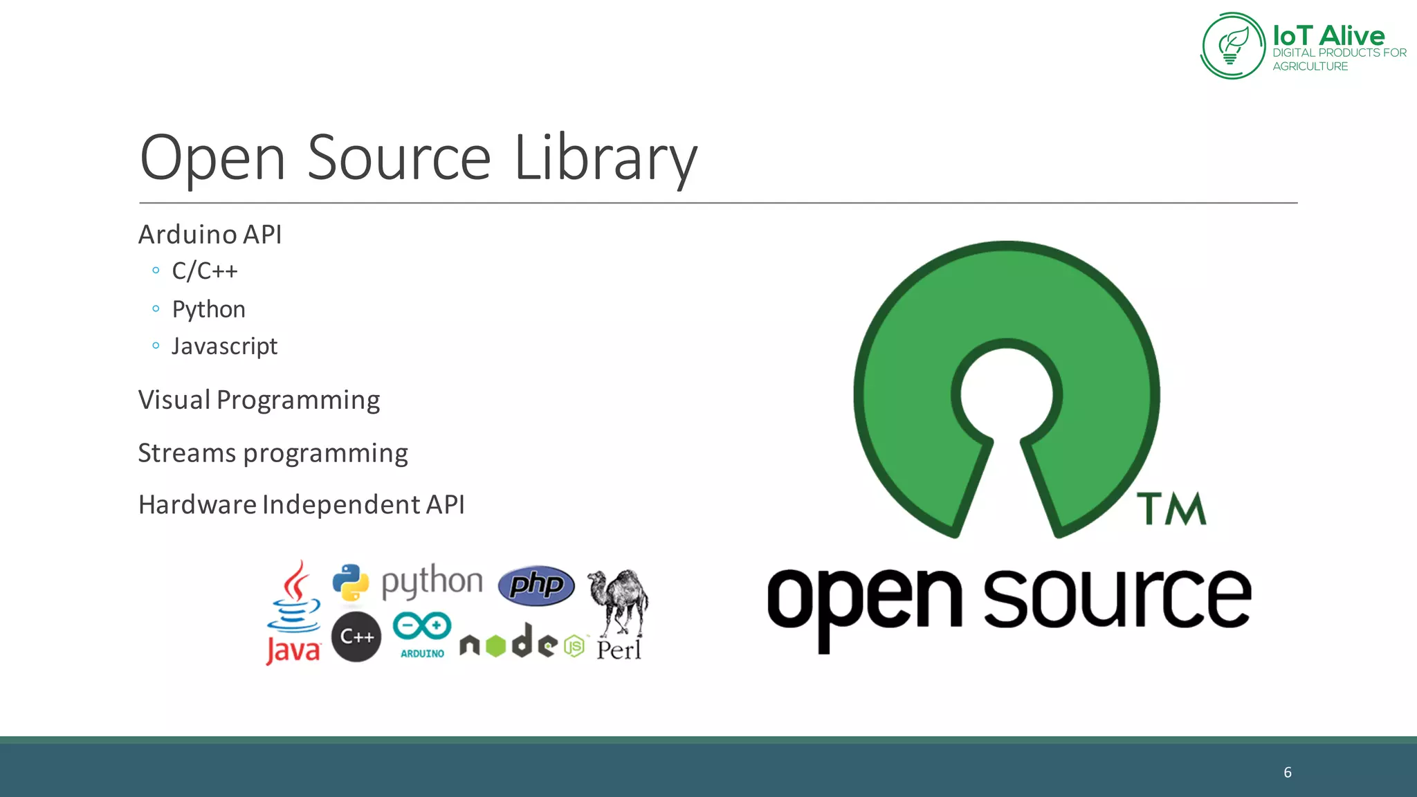 Open	Source	Library
6
Arduino API
◦ C/C++
◦ Python
◦ Javascript
Visual	Programming
Streams	programming
Hardware	Independent	API
 