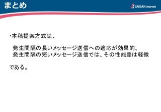 まとめ
・本稿提案方式は、
発生間隔の長いメッセージ送信への適応が効果的、
発生間隔の短いメッセージ送信では、その性能差は軽微
である。
 