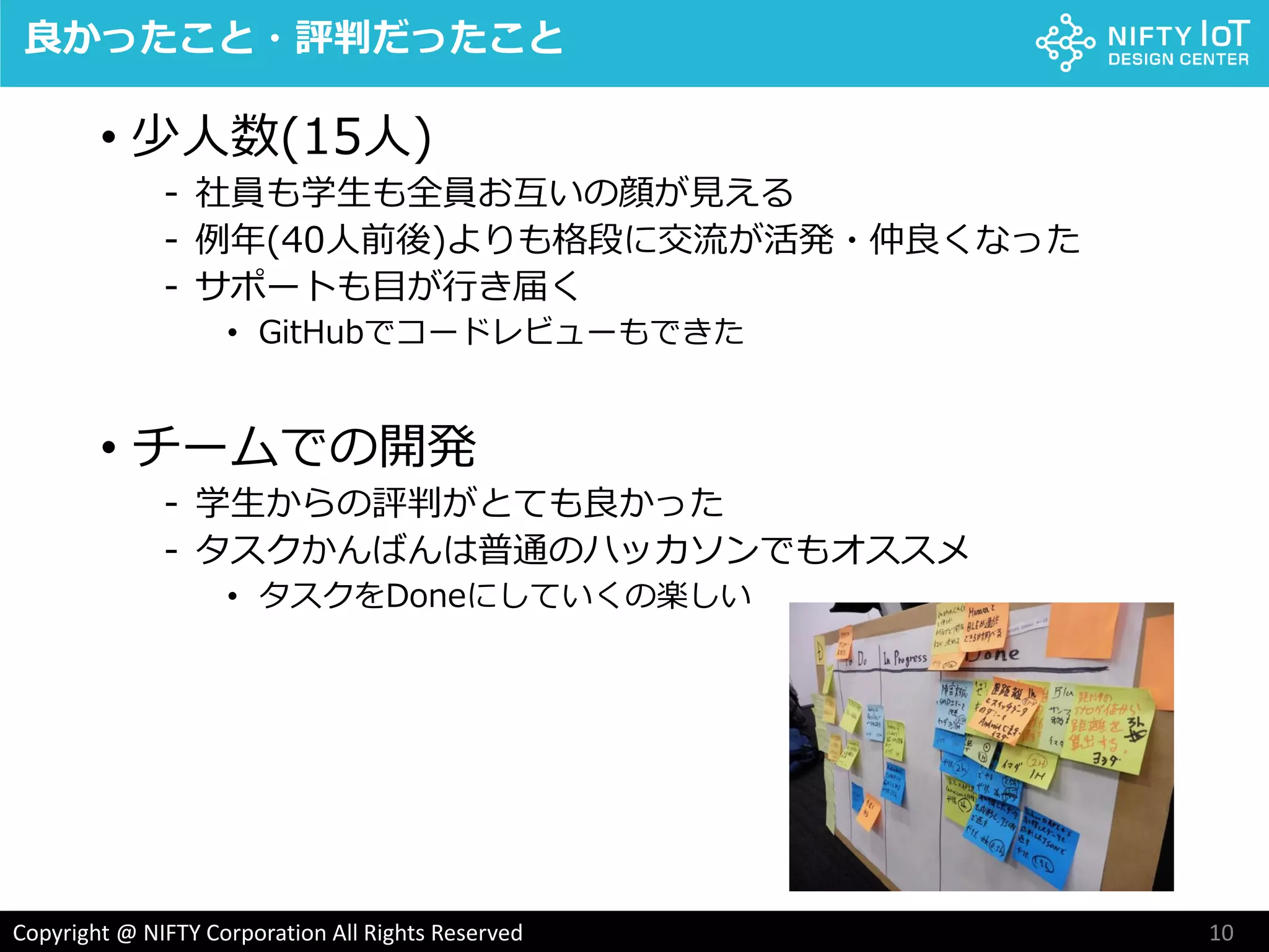 10Copyright @ NIFTY Corporation All Rights Reserved
• 少人数(15人)
- 社員も学生も全員お互いの顔が見える
- 例年(40人前後)よりも格段に交流が活発・仲良くなった
- サポートも目が行き届く
• GitHubでコードレビューもできた
• チームでの開発
- 学生からの評判がとても良かった
- タスクかんばんは普通のハッカソンでもオススメ
• タスクをDoneにしていくの楽しい
良かったこと・評判だったこと
 
