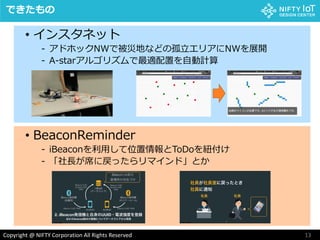 13Copyright @ NIFTY Corporation All Rights Reserved
• インスタネット
- アドホックNWで被災地などの孤立エリアにNWを展開
- A-starアルゴリズムで最適配置を自動計算
できたもの
• BeaconReminder
- iBeaconを利用して位置情報とToDoを紐付け
- 「社長が席に戻ったらリマインド」とか
 