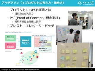 6Copyright @ NIFTY Corporation All Rights Reserved
アイデアソン（＋プロダクトの考え方・進め方）
• プロダクトにおける価値とは
- 目的設定の大事さ
• PoC(Proof of Concept、概念実証)
- 実現可能性を高速に試行
• ブレスト・エレベーターピッチ
 