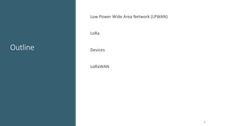 Outline
Low Power Wide Area Network (LPWAN)
LoRa
Devices
LoRaWAN
2
 