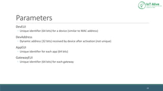 Parameters
DevEUI
◦ Unique identifier (64 bits) for a device (similar to MAC address)
DevAddress
◦ Dynamic address (32 bits) received by device after activation (not unique)
AppEUI
◦ Unique identifier for each app (64 bits)
GatewayEUI
◦ Unique identifier (64 bits) for each gateway
23
 