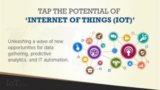 TAP THE POTENTIAL OF
‘INTERNET OF THINGS (IOT)’
Unleashing a wave of new
opportunities for data
gathering, predictive
analytics, and IT automation.
 