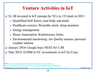 14
©2014 Raj Jainhttp://www.cse.wustl.edu/~jain/talks/iot_ad14.htmWashington University in St. Louis
Venture Activities in IoTVenture Activities in IoT
 $1.1B invested in IoT startups by VCs in 153 deals in 2013
 Quantified Self: Know your body and mind
 Healthcare sensors: Wearable clock, sleep monitors
 Energy management
 Home Automation: Kitchenware, locks,
 Environmental monitoring: Air Quality sensors, personal
weather stations
 January 2014: Google buys NEST for 3.3B
 May 2014: $150M in VC investments in IoT by Cisco
Ref: http://www.cbinsights.com/blog/internet-of-things-investing-snapshot/
http://www.zdnet.com/cisco-invests-150m-in-internet-of-things-startups-7000028964/
 