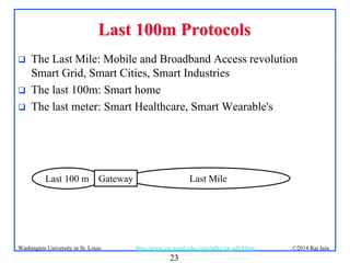 23
©2014 Raj Jainhttp://www.cse.wustl.edu/~jain/talks/iot_ad14.htmWashington University in St. Louis
Last 100m ProtocolsLast 100m Protocols
 The Last Mile: Mobile and Broadband Access revolution
Smart Grid, Smart Cities, Smart Industries
 The last 100m: Smart home
 The last meter: Smart Healthcare, Smart Wearable's
Last 100 m Last MileGateway
 