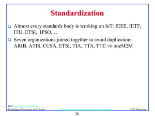 26
©2014 Raj Jainhttp://www.cse.wustl.edu/~jain/talks/iot_ad14.htmWashington University in St. Louis
StandardizationStandardization
 Almost every standards body is working on IoT: IEEE, IETF,
ITU, ETSI, IPSO, …
 Seven organizations joined together to avoid duplication:
ARIB, ATIS, CCSA, ETSI, TIA, TTA, TTC  oneM2M
Ref: http://www.onem2m.org
 