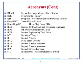 34
©2014 Raj Jainhttp://www.cse.wustl.edu/~jain/talks/iot_ad14.htmWashington University in St. Louis
Acronyms (Cont)Acronyms (Cont)
 DLMS Device Language Message Specification
 DoE Department of Energy
 ETSI European Telecommunications Standards Institute
 GreenPHY Green Physical Layer
 HomePlug-GP HomePlug Green PHY
 IEEE Institute for Electrical and Electronic Engineers
 IERC IoT-European Research Cluster
 IETF Internet Engineering Task Force
 IoT Internet of Things
 IP Internet Protocol
 IPSO IP for Smart Objects
 IPv4 Internet Protocol version 4
 IPv6 Internet Protocol version 6
 ISP Internet Service Provider
 ITU International Telecommunications Union
 