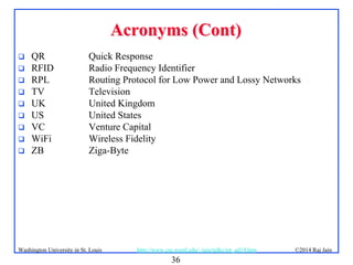 36
©2014 Raj Jainhttp://www.cse.wustl.edu/~jain/talks/iot_ad14.htmWashington University in St. Louis
Acronyms (Cont)Acronyms (Cont)
 QR Quick Response
 RFID Radio Frequency Identifier
 RPL Routing Protocol for Low Power and Lossy Networks
 TV Television
 UK United Kingdom
 US United States
 VC Venture Capital
 WiFi Wireless Fidelity
 ZB Ziga-Byte
 