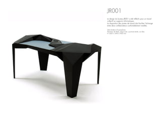 Série limitée à 8 exemplaires
Panneaux de fibres, laque noire, sycomore teinté, cuir bleu.
H.1600 x L.890 x P.850 mm
JR001
Le design du bureau JR001 a été réfléchi pour un travail
collectif sur supports informatiques.
La disposition des postes de travail doit faciliter l’échange
entre deux collaborateurs confortablement installés.
 