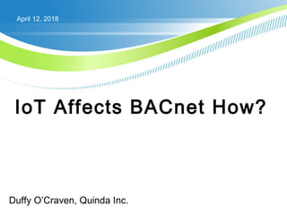 April 12, 2018
IoT Affects BACnet How?
Duffy O’Craven, Quinda Inc.
SESSION: T3-56
ROOM: 256
 