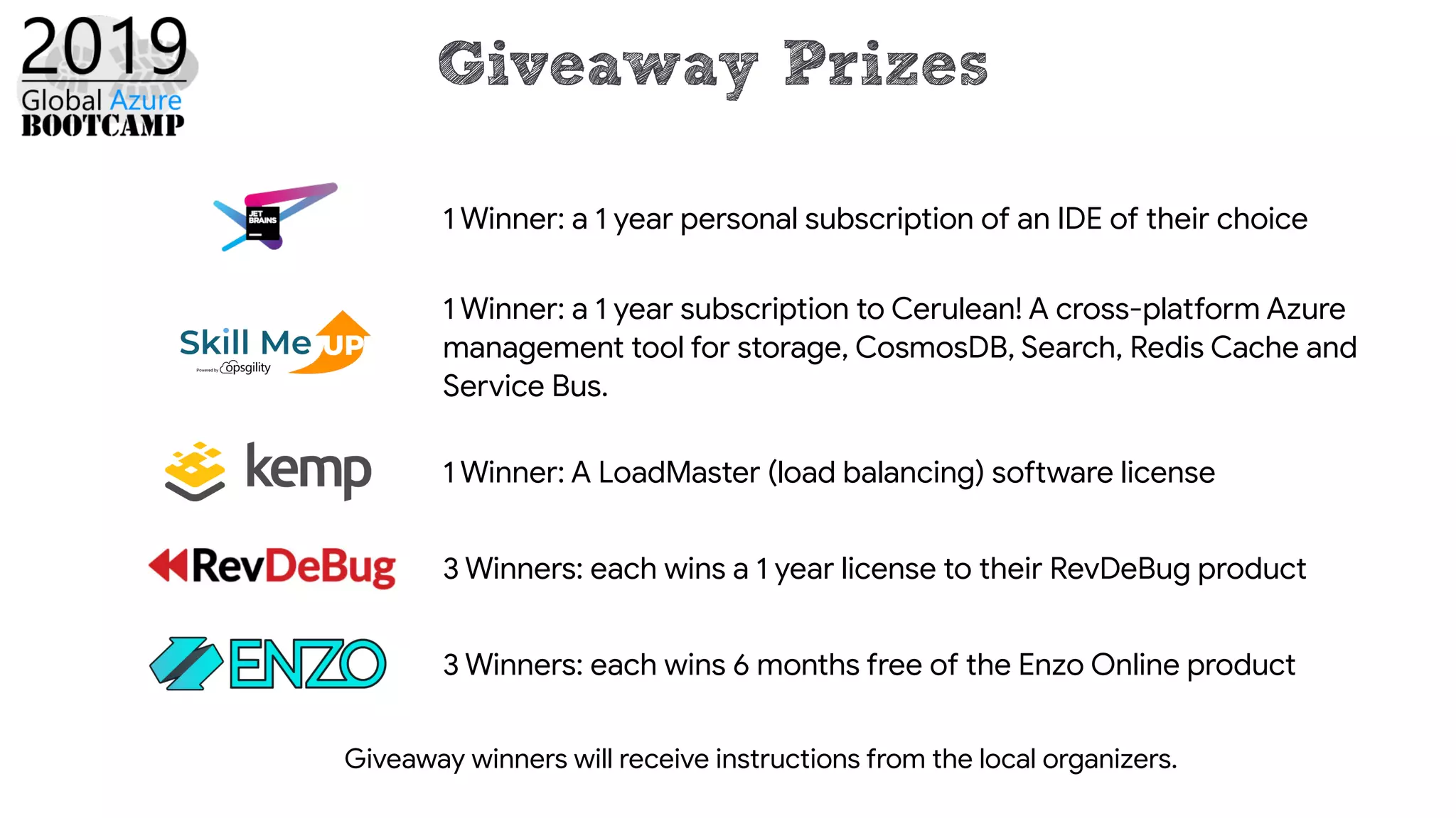 Giveaway winners will receive instructions from the local organizers.
1 Winner: A LoadMaster (load balancing) software license
3 Winners: each wins 6 months free of the Enzo Online product
1 Winner: a 1 year personal subscription of an IDE of their choice
1 Winner: a 1 year subscription to Cerulean! A cross-platform Azure
management tool for storage, CosmosDB, Search, Redis Cache and
Service Bus.
3 Winners: each wins a 1 year license to their RevDeBug product
Giveaway Prizes
 
