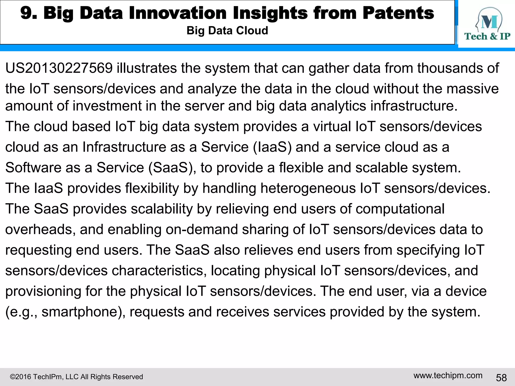 ©2016 TechIPm, LLC All Rights Reserved www.techipm.com 58
6. IoT Startup Patent Strategy
Best Practice -2
Strategic development of patent portfolios
• Patent fortress for core business
Create 33 US issued utility patents and 28 US issued design patents regarding
smart thermostat
• Strategic patent acquisition
Acquired 69 US issued patents and one US patent applications regarding
smart sensors and sensor networks.
Strategic exploitation of patent portfolios
• Strategic financing
Utilize 29 US issued patents for patent secured lending from Wells Fargo Bank
*after Series A and B funding, before Series C funding
Strategic patent licensing
Licensed patents for accessing to Intellectual Ventures’ IP for defense
 