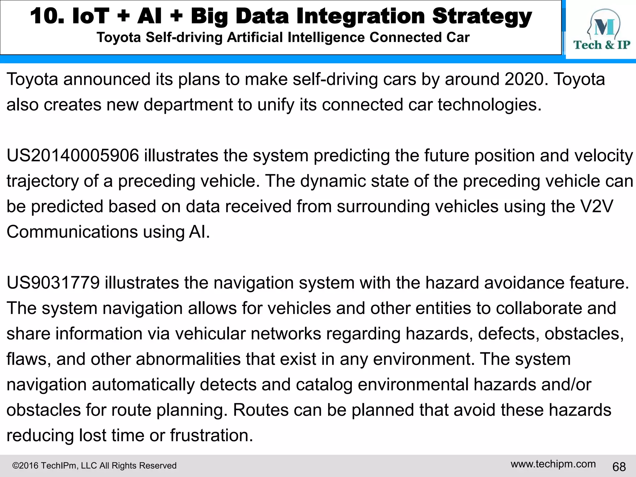 ©2016 TechIPm, LLC All Rights Reserved www.techipm.com 68
8. Artificial Intelligent Innovation Insights from Patents
Deep Learning Innovation Insights -5
Following figures show the key applications of the deep learning and use cases
by industry. The figures indicate that Object/Image Recognition is the most
used application of the deep learning and IT solution/software industry is the
top industry that exploits the deep learning.
 
